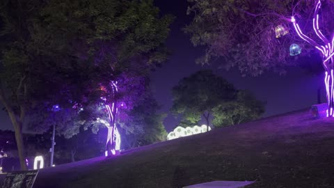 The illuminated park walkway at the 2025 Wonder Hills Festival in Jubail Industrial City in the Eastern Province features innovative interactive shows for families and visitors, a variety of recreational and educational activities, and a tourist destination for families and visitors.