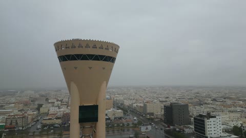 The Tabuk Water Tower is a prominent landmark in the city of Tabuk, places and areas of tourism in the Kingdom of Saudi Arabia, drone footage of the flood in the city of Tabuk, rainwater gathering in the area, famous tourist attractions.