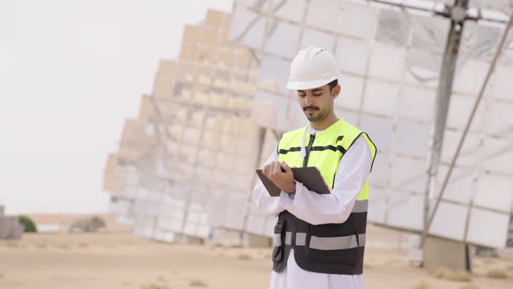 محطات الطاقة الشمسية, التدقيق والإشراف على العمل، الطاقة المتجددة, مهندس طاقة عربي خليجي عمانى يحمل بيده جهاز تقني، إرتداء خوذة وسترة الحماية الخاصة بالعمل