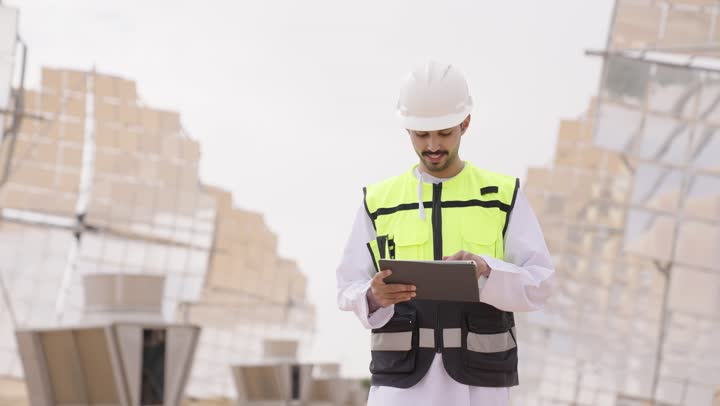 مهندس عربي خليجي عمانى يشرف على محطات الطاقة الشمسية في السعودية، إرتداء خوذة وسترة الحماية الخاصة بالعمل، مخططات وتصاميم هندسية، محطات الطاقة الشمسية المتجددة، الواح وستلايت انتاج الطاقة الكهربائية .