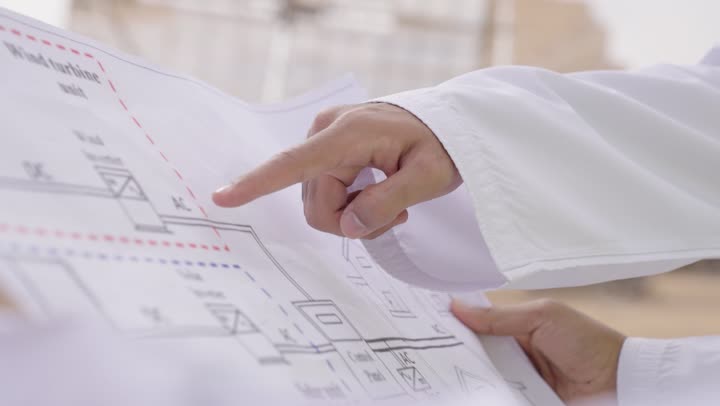 تصوير مقرب لايدى مهندسان عربيان خليجيان عمانيان يشرفان على محطات الطاقة الشمسية يحملان مخطط و تصميم هندسى، إرتداء خوذة وسترة الحماية,  الإشراف على العمل، ستلايت، أنظمة الطاقة الشمسية,  تبادل الخبرة و الرأى بين الزملاء