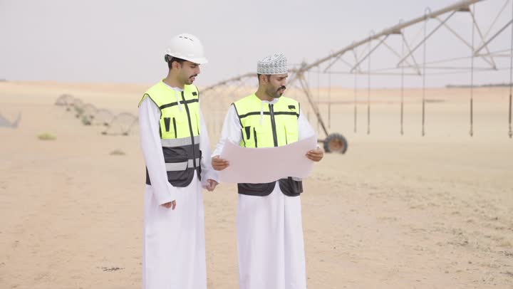 تدقيق المخطط والتصميم الهندسى,  مهندسان عربيان خليجيان عمانيان يشرفان على محطات الطاقة الشمسية ، إرتداء خوذة وسترة الحماية ، الإشراف على العمل، ستلايت، أنظمة الطاقة الشمسية,  تبادل الخبرة و الرأى,