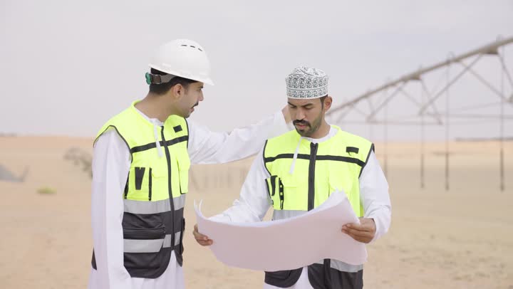 الاهتمام بشؤون العمل,  مهندسان عربيان خليجيان عمانيان يشرفان على محطات الطاقة الشمسية ، إرتداء خوذة وسترة الحماية ، الإشراف على العمل، ستلايت، أنظمة الطاقة الشمسية,  تبادل الخبرة و الرأى