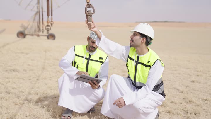 تبادل الخبرة و الرأى, مهندسان عربيان خليجيان عمانيان يشرفان على محطات الطاقة الشمسية ، إرتداء خوذة وسترة الحماية ، الإشراف على العمل، ستلايت، أنظمة الطاقة الشمسية