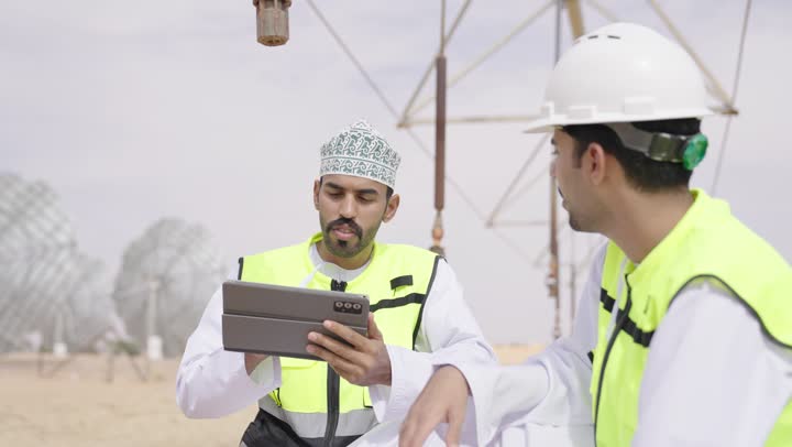 استخدام جهاز التابلت في ادارة المشاريع , إرتداء خوذة وسترة الحماية الخاصة بالعمل، مخططات وتصاميم هندسية، محطات الطاقة الشمسية المتجددة, مهندسان عربيان خليجيان عمانيان يشرفان على محطات الطاقة الشمسية في عمان