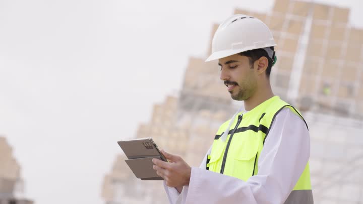 العمل في القطاع الهندسي,  دمج التقنيات الحديثة و المتطورة بالأعمال الهندسية, مهندس عربي خليجي سعودي يرتدي سترة و خوذة الحماية يقف في مقر العمل و يحمل بيديه الجهاز اللوحي