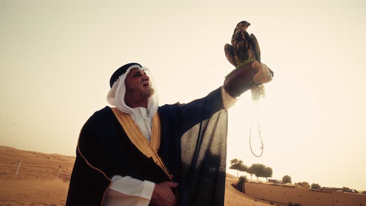 Establishing the inherited customs and traditions from the ancestors, training the falcon, an elderly Emirati Gulf Arab man wearing a white kandura, a black bisht, and a ghutrah with an agal stands in the desert holding a falcon in his hands, gestures of happiness and joy.