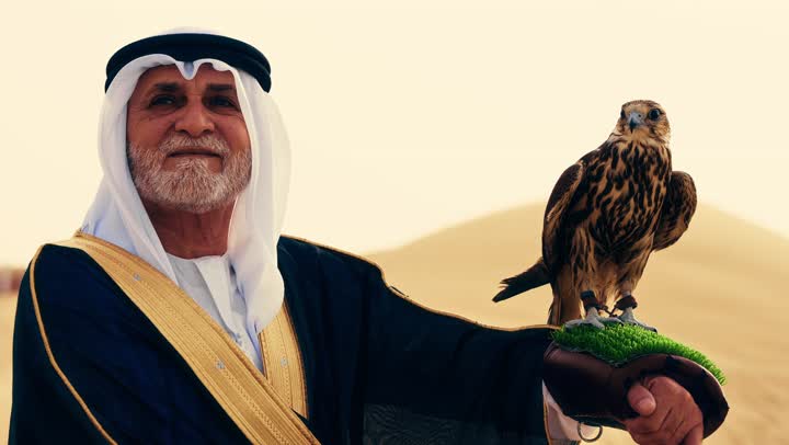 تربية الطيور والاهتمام بتدريبها وتحسين سلوكها، مكانة الصقور في التاريخ الاماراتي، تدريب الصقر الجارح، رجل عربي خليجي إماراتي مسن يرتدي الكندورة البيضاء والبشت الأسود والشماغ مع العقال يقف فى الصحراء يحمل على يدية صقر، ايماءات السعادة و السرور