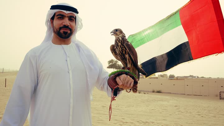 تدريب الصقر الجارح، الاهتمام بتربيه الطيور البرية, مكانة الصقور في التاريخ الاماراتي ، رجل عربي خليجي اماراتي يرتدي الكندورة و الغتره البيضاء يقف فى الصحراء يحمل على يده طائر الصقر