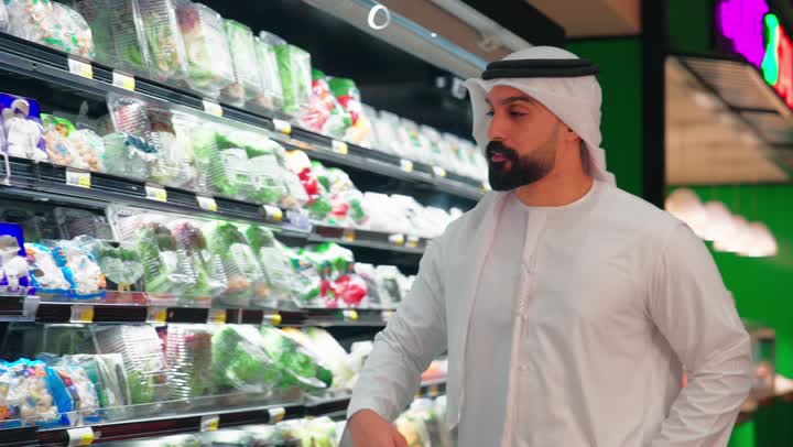 Buying packaged vegetables and fresh products, an Emirati Gulf Arab man wearing a kandura and ghutrah is selecting food products from the shelves of the refrigerators inside the supermarket, the concept of daily shopping and providing household needs, the focus on healthy nutrition and product quality.