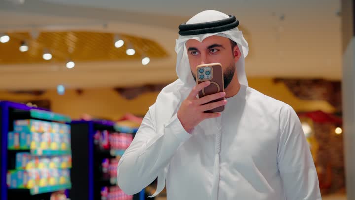 A Gulf Arab man wearing a kandura and ghutrah is talking on a mobile phone inside a shopping mall, showing gestures of happiness and joy, the concept of communication and modern technology, the use of smartphones in daily life.