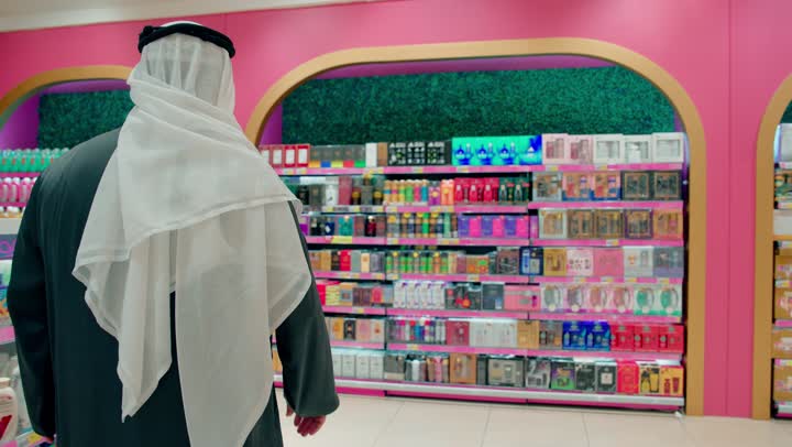 التسوق الواعي والمقارنة بين منتجات العناية الشخصية والعطور الرجالية، رجل عربي خليجي مسن يرتدي الكندورة و الغترة يقف أمام رفوف العطور داخل السوبر ماركت يقوم بفحص زجاجة عطر وقراءة تفاصيلها قبل الشراء