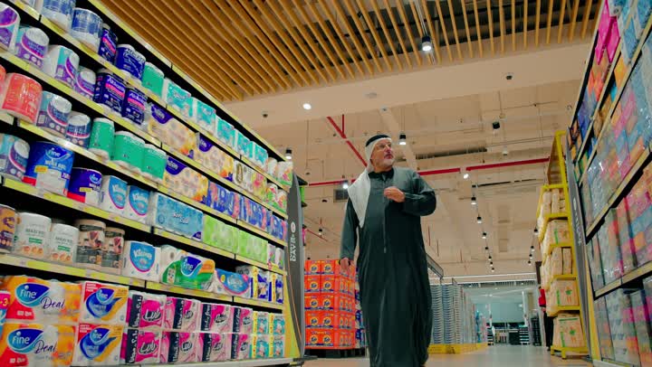 مفهوم اختيار المنتجات والبحث عن الجودة، رجل عربي خليجي اماراتي يرتدي الكندورة و الغترة يتجول داخل ممر السوبر ماركت يتفقد رفوف المنتجات المتنوعة، أرفف مليئة بالسلع الاستهلاكية والمنزلية