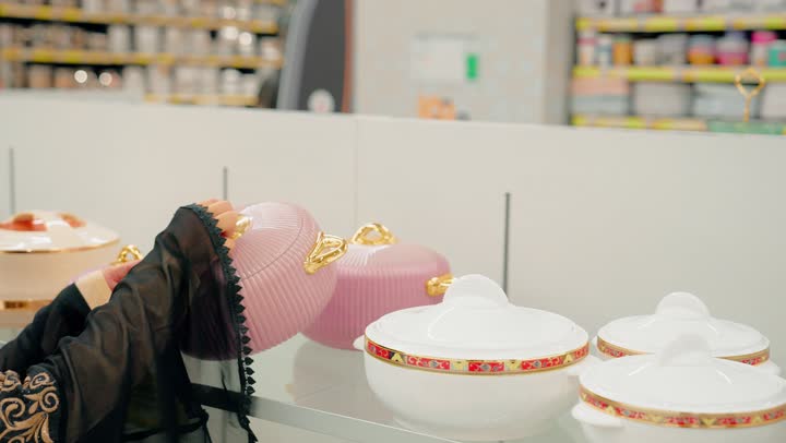 The focus on preparing the home for hosting, a close-up shot of a veiled Emirati Gulf Arab woman inspecting serving dishes inside a home goods store, selecting elegant serving ware, shopping in malls, and paying attention to home decor details.