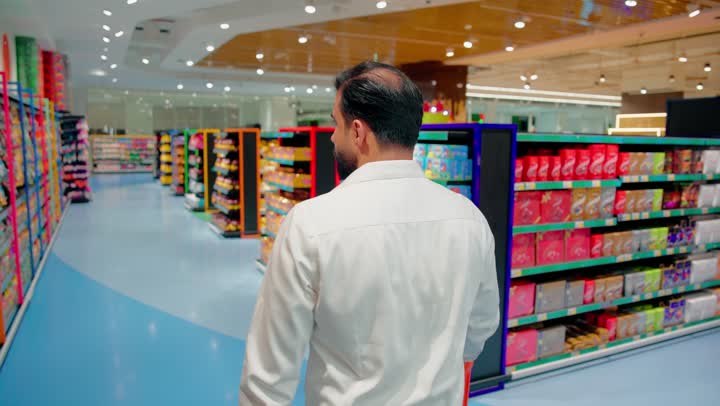 انتقاء المنتجات الغذائية اليومية بعناية، رجل عربي خليجي اماراتي يرتدي الزي الكاجوال يتجول داخل سوبر ماركت حديث، تفقد أرفف السناكس والحلويات المتنوعة، التسوق الفردي داخل المتاجر التجارية