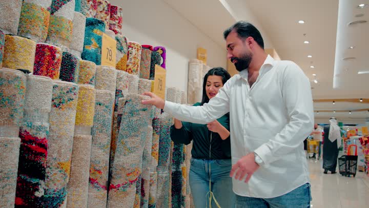 الاهتمام بتجهيز المنزل ، زوجان عربيان خليجيان اماراتيان يرتديان الزي الكاجوال يتسوقان داخل متجر سجاد وأرضيات حديث، تفقد أنواع مختلفة من السجاد المعروض، اختيار مستلزمات الديكور المنزلي العصري، مفهوم التسوق المشترك