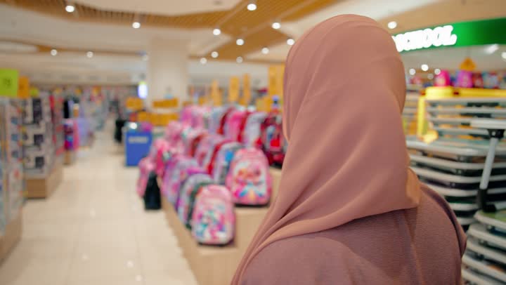 Careful selection of children's supplies, preparation for back to school, examining design and quality, an Arab Gulf Emirati woman wearing a hijab and an abaya inside a school supplies store inspecting a school bag designed for children.