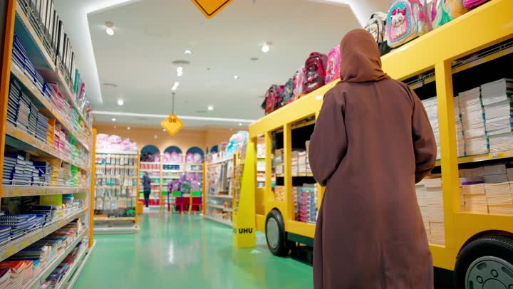 انتقاء أدوات الدراسة بعناية، التسوق للمستلزمات المدرسية والمكتبية،امراة عربية خليجيه اماراتية ترتدي العباءة و الحجاب تقف داخل متجر تقوم بتفقد دفتر ملاحظات مزخرف بتصاميم ملونة