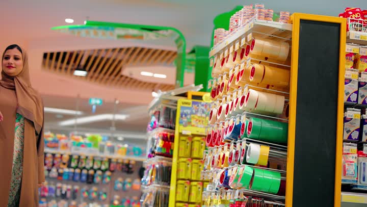 مفهوم التنظيم والتغليف، المستلزمات المكتبية والأدوات المدرسية، امراة عربية خليجية اماراتية ترتدي العباءة و الحجاب داخل متجر تقوم باختيار شريط لاصق من على الرفوف، اختيار المنتجات المناسبة