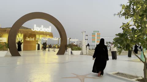 A landmark and a coastal and recreational tourist area, the tourist waterfront in the Kingdom of Saudi Arabia in the city of Jubail Industrial in the Eastern Province, Jubail Corniche, a café and a place with innovative lights, famous tourist attractions.