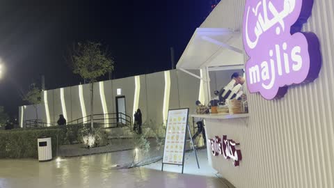 A distinctive coastal destination located on the eastern shore of Dammam, famous tourist attractions, the tourist waterfront in the Kingdom of Saudi Arabia in the city of Jubail Industrial, Jubail Corniche, a café and a place with innovative lights.