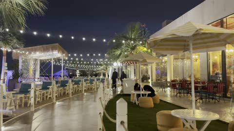 Bahri Takiya is a bohemian-style lounge with natural beach vibes, famous tourist attractions, the tourist waterfront in the Kingdom of Saudi Arabia in the city of Jubail Industrial in the Eastern Province, Jubail Corniche, a café, and a place with innovative lights.