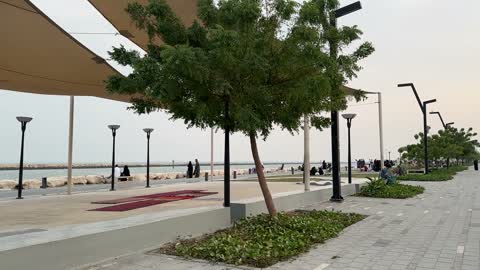 Attention to afforestation and the environment, children spending enjoyable time, an open recreational destination, the Hams walkway in the Eastern Province on December 28, a calm family atmosphere, a modern walking experience, space for walking and relaxation, outdoor seating and benches.