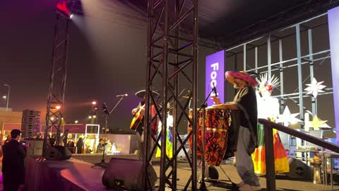 A live folkloric show reflecting cultural diversity at the Food Festival, the Ithra Food Festival from December 22 to January 1, 2026, featuring a Mexican folkloric dance, at the King Abdulaziz Center for World Culture (Ithra) in Dhahran, Saudi Arabia, with a unique design resembling pebbles.