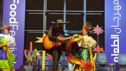 Part of the activities of tasting global and local foods, the Ithra Food Festival from December 22 to January 1, 2026, a Mexican folk dance, King Abdulaziz Center for World Culture (Ithra) in Dhahran, Saudi Arabia, a unique design resembling pebbles.