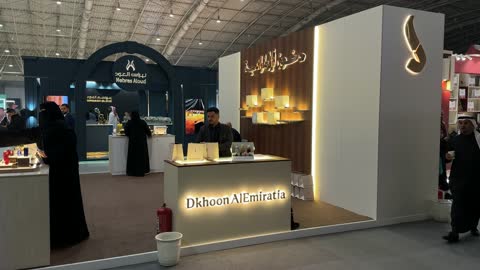 International and local brands at the Blue Oud and International Perfumes Exhibition at the Riyadh International Convention and Exhibition Center on December 25, 2025, luxurious fragrance products, a unique shopping experience.