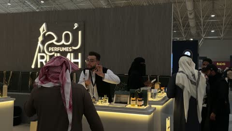 A unique shopping experience at the Blue Oud and International Perfumes Exhibition at the Riyadh International Convention and Exhibition Center on December 25, 2025, featuring luxurious fragrance products, global and local brands.