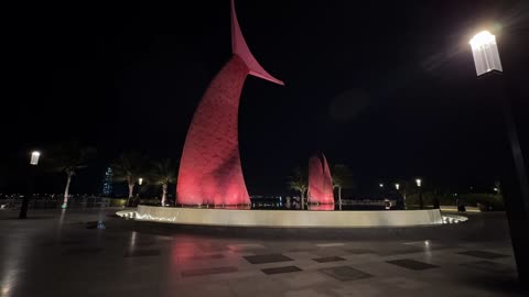 Famous tourist attractions in the Kingdom, a huge steel fish sculpture on the Jeddah Corniche, Saudi Arabia, urban art and contemporary architectural design.