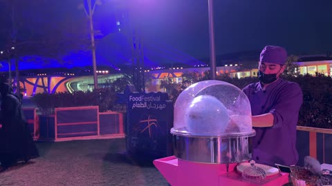 Cotton candy at a food festival in the outdoor gardens of Ithra in Dhahran, Eastern Province, Saudi Arabia, on December 28, 2025. Enjoyable outdoor seating, a global food experience, family-friendly and entertaining atmosphere, international and local restaurants.