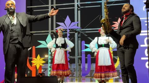 Mexican folk singing and dancing at a food festival in the outdoor Ithra Gardens in Dhahran, Eastern Province, Saudi Arabia, on December 28, 2025. Enjoyable outdoor sessions, a global food experience, international and local restaurants, family-friendly and entertaining atmosphere.