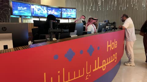 The reception section at the Spanish neighborhood event at the King Abdulaziz Center for World Culture "Ithra" in Dhahran, Eastern Province, Saudi Arabia, on January 13, 2026, will feature the use of modern devices and technology, recreational activities for families and children, a vibrant festive atmosphere, Spanish food restaurants and cafes, flamenco dances, and interactive events.