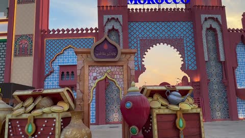 مدخل الجناح المغربي في وجهة المدينة، رافدا للتنمية الاقتصادية والفرص الوظيفية، المدينة العالمية في المنطقة الشرقية مرحلتها الأولى في 29 ديسمبر 2025 في المملكة العربية السعودية، مسرح للفعاليات الكبرى، 16 دولة تعرض ثقافاتها ومنتجاتها ضمن الفعالية