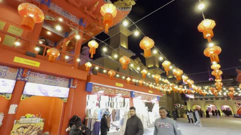The traditional illuminated Chinese lanterns hanging in the Chinese section of Riyadh Boulevard, a massive entertainment destination in northern Riyadh, Saudi Arabia, offer various experiences that combine shopping, entertainment, and global and local cuisines. It started on October 11, 2026, attracting tourists and visitors to Riyadh.