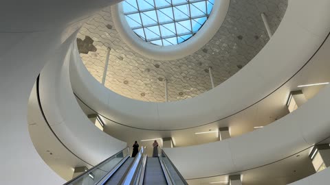 The escalator in the Ithra Library in Dhahran City, in the Eastern Province of the Kingdom of Saudi Arabia, is part of the King Abdulaziz Center for World Culture, a beacon of culture and thought, featuring exhibitions and libraries, architectural engineering art, a famous cultural landmark, and tourism in Saudi Arabia.
