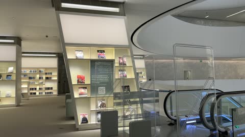 The escalator in the Ithra Library in Dhahran City, in the Eastern Province of the Kingdom of Saudi Arabia, is part of the King Abdulaziz Center for World Culture, a beacon of culture and thought, featuring exhibitions and libraries, architectural engineering art, a famous cultural landmark, and tourism in Saudi Arabia.