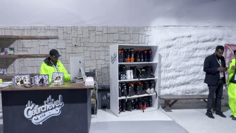 Winter-themed restaurants and cafes in the Courchevel experience at Boulevard World in Riyadh, Saudi Arabia, on November 25, 2025. Snowy decor and a mountain scene, a winter entertainment event inspired by the atmosphere of European ski resorts, fun interactive activities, and a luxurious ambiance that combines entertainment and relaxation.