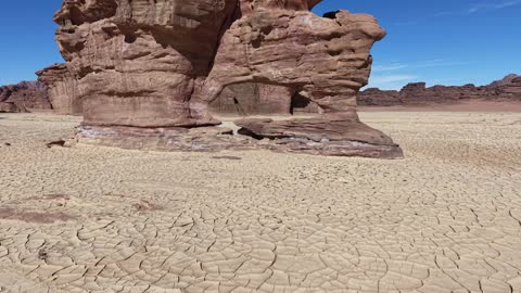 The desert area of Jeddah Neom in the northwest of the Kingdom of Saudi Arabia, drone photography of the mountains with rock formations in the Tabuk region, tourist attractions in the Kingdom of Saudi Arabia.