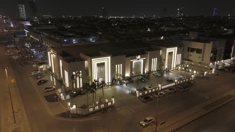 A luxurious hall in Riyadh, Saudi Arabia, drone footage of the Aroma Hall for events and conferences, providing professional hospitality services.