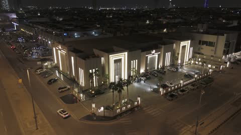 A luxurious hall in Riyadh, Saudi Arabia, drone footage of the Aroma Hall for events and conferences, providing professional hospitality services.