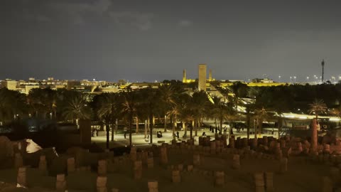 The ancient clay walls of Diriyah, celebrations and festivals in Riyadh, Saudi Arabia, the illuminated viewpoint and park of Al-Bujairi in the Al-Turaif neighborhood at night, famous archaeological recreational tourist places, heritage tourist sites and landmarks, the walls of Salwa Palace in ancient Diriyah.