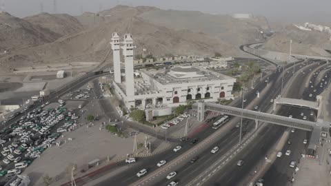 A religious Islamic place, a drone image of the Mosque of Lady Aisha on the borders of the Holy Mosque in Mecca, the Tan'im Mosque in the Kingdom of Saudi Arabia, the miqat for pilgrims from the residents of Mecca.