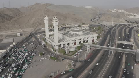 A religious Islamic place, a drone image of the Mosque of Lady Aisha on the borders of the Holy Mosque in Mecca, the Tan'im Mosque in the Kingdom of Saudi Arabia, the miqat for pilgrims from the residents of Mecca.