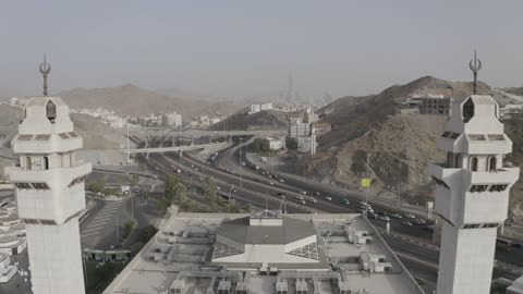 A religious Islamic place, a drone image of the Mosque of Lady Aisha on the borders of the Holy Mosque in Mecca, the Tan'im Mosque in the Kingdom of Saudi Arabia, the miqat for pilgrims from the residents of Mecca.