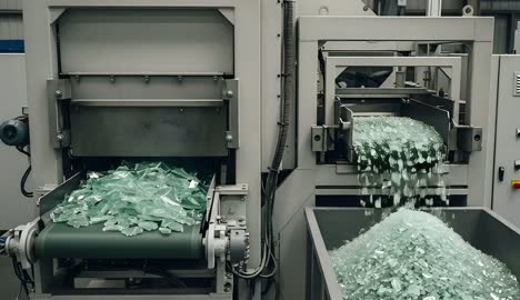الة متطورة على الطراز الحديث، ماكينة آلية لإعادة تدوير الزجاج تعمل داخل منشأة صناعية
