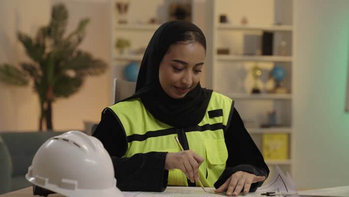 Saudi Female Engineer Working on Blueprints in Office