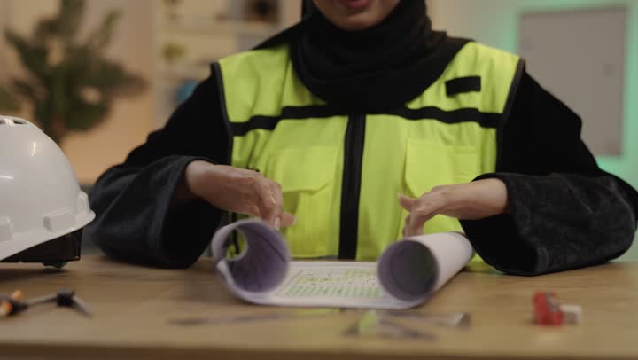 Saudi Female Engineer Reviewing Architectural Blueprints